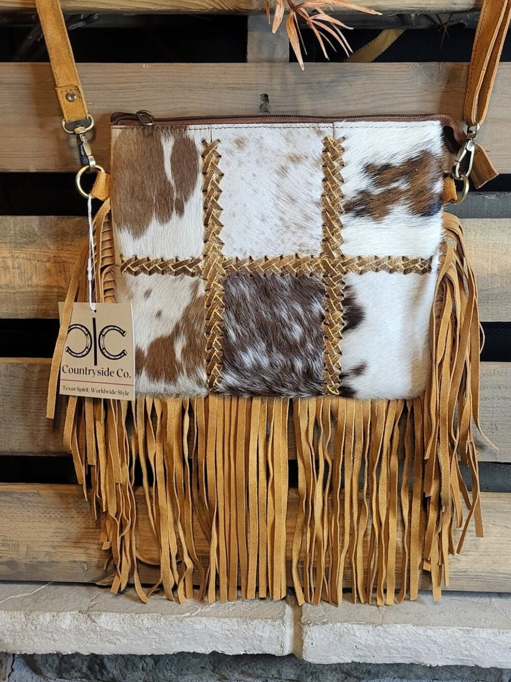 Chesney Patchwork Cowhide Fringe Crossbody Bag